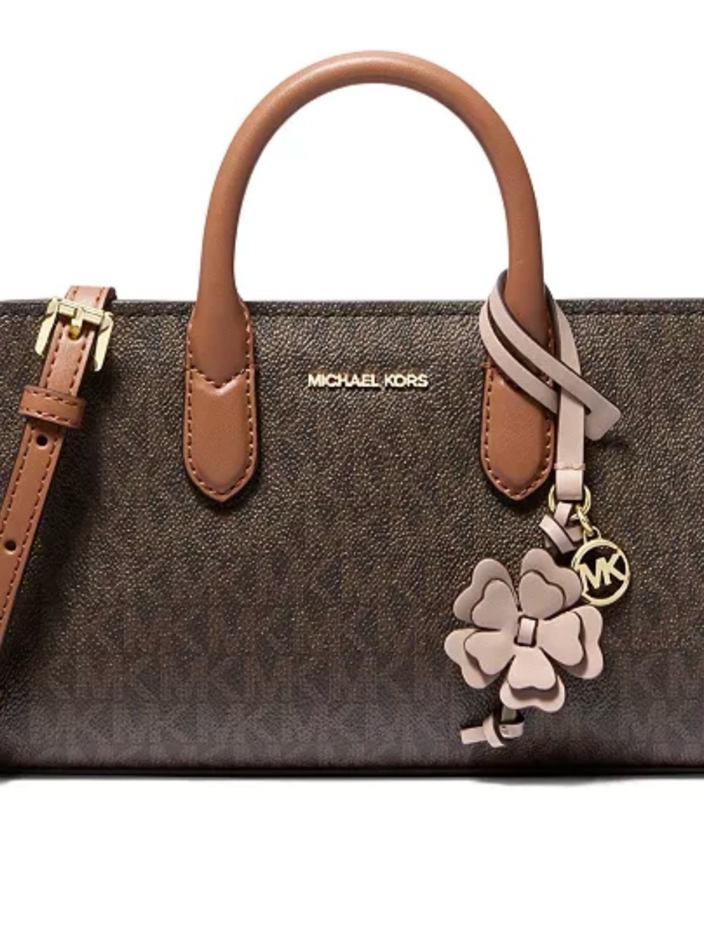 Michael Kors Brown and Tan Logo Satchel with Pink Flower Charm